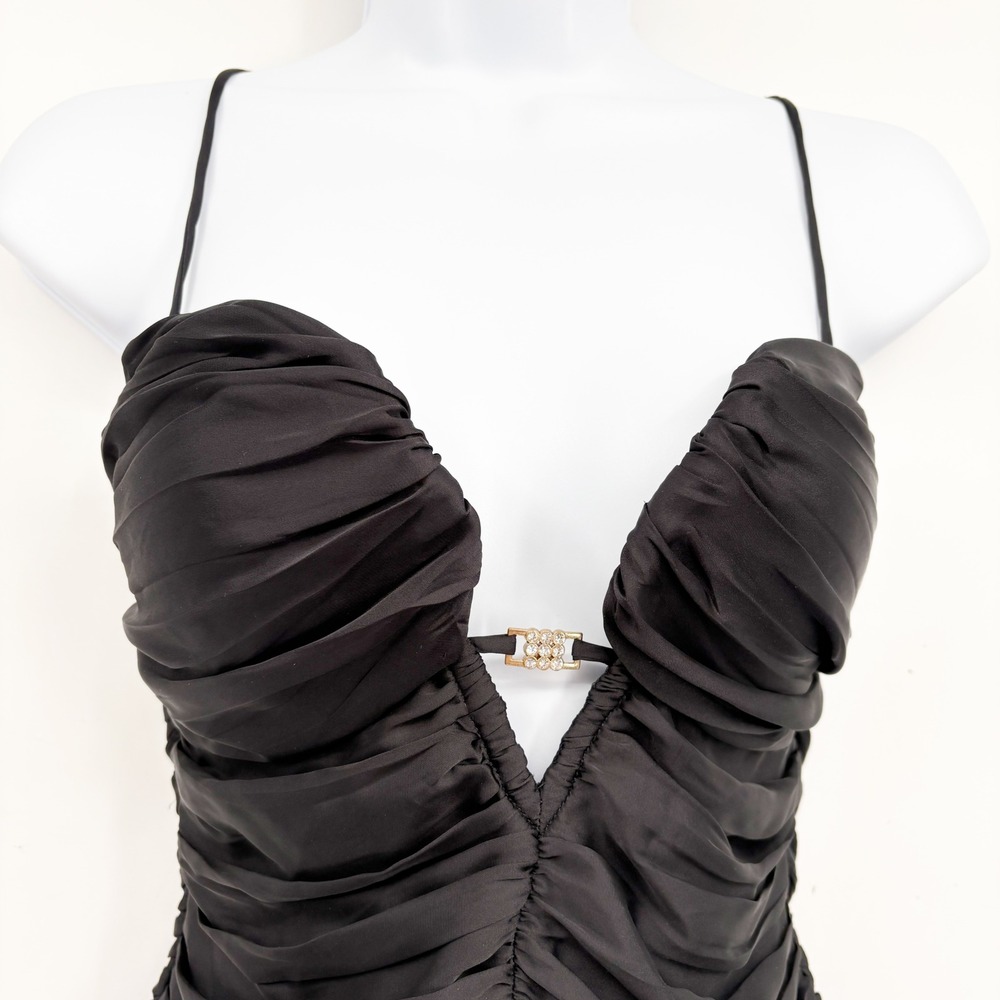 Zara Womens Black Ruched Rhinestone Buckle Glam Bodycon Party Mini Dress Size S - Picture 3 of 8